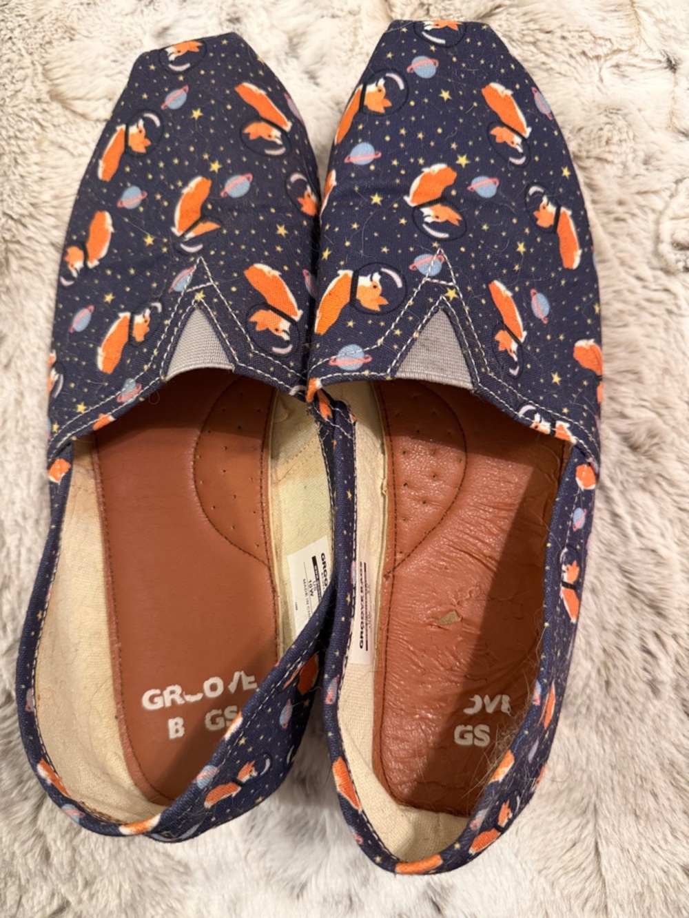 Women’s Navy Slip-Ons with Orange Corgi in Space Pattern